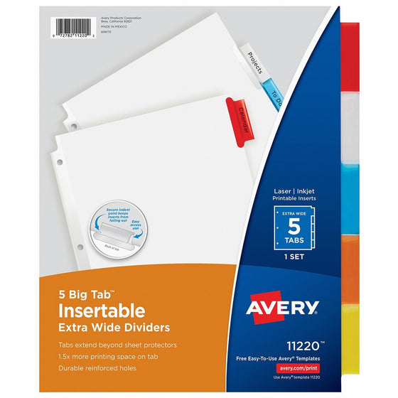 Avery Big Tab Insertable Extra-Wide Dividers, 5 Multicolor Tabs, 1 Set (11220)