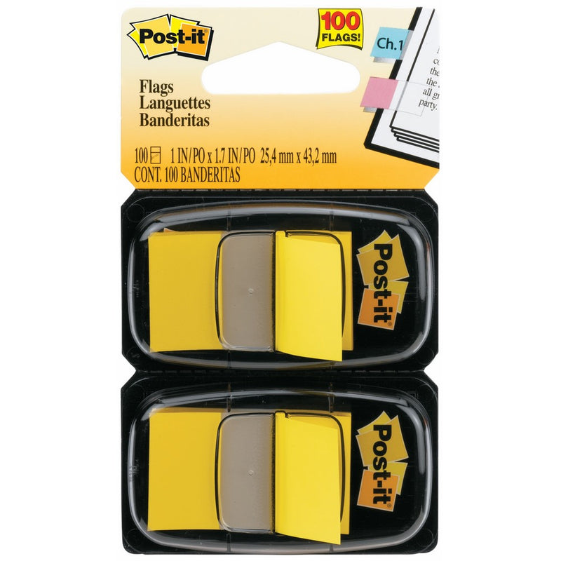 Post-it Flags Value Pack, Yellow, 1 in. Wide, 50/Dispenser, 100 Flags (680-YW12)