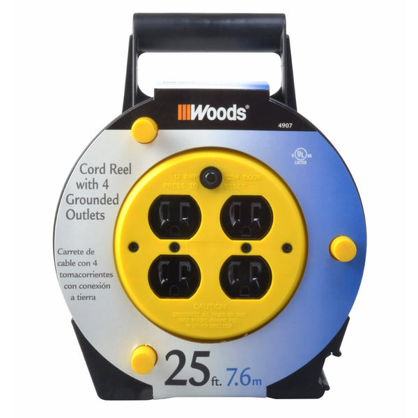 Woods 4907 Extension Cord Reel with 4-Outlets 16/3 SJTW and 12A Circuit Breaker, 25-Foot