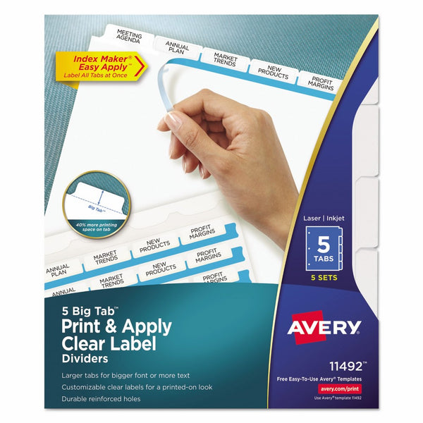 Avery Big Tab Dividers, Print & Apply Clear Label, Index Maker Easy Apply Strip, 5-Tab Dividers, 5 Sets (11492)