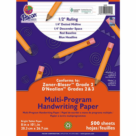 Pacon Multi-Program Handwriting Paper, 8" X10 1/2, D'Nealian (Grades 2&3), Zaner-Bloser (Grade 2), 500 Sheets, White