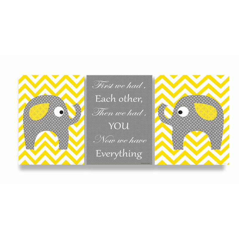 The Kids Room by Stupell Grey Elephants On Yellow Chevron Now We Have You 3-Pc. Rectangle Wall Plaque Set, 11 x 0.5 x 15, Proudly Made in USA