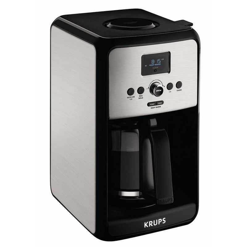 KRUPS EC314050 Programmable Digital Coffee Maker Machine with Stainless Steel Body and LED Control Panel,12-Cups, Silver