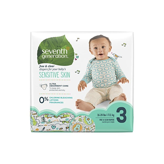 Seventh Generation Baby Diapers, Free & Clear for Sensitive Skin with Animal Prints, Size 3, 31 count (Packaging May Vary)