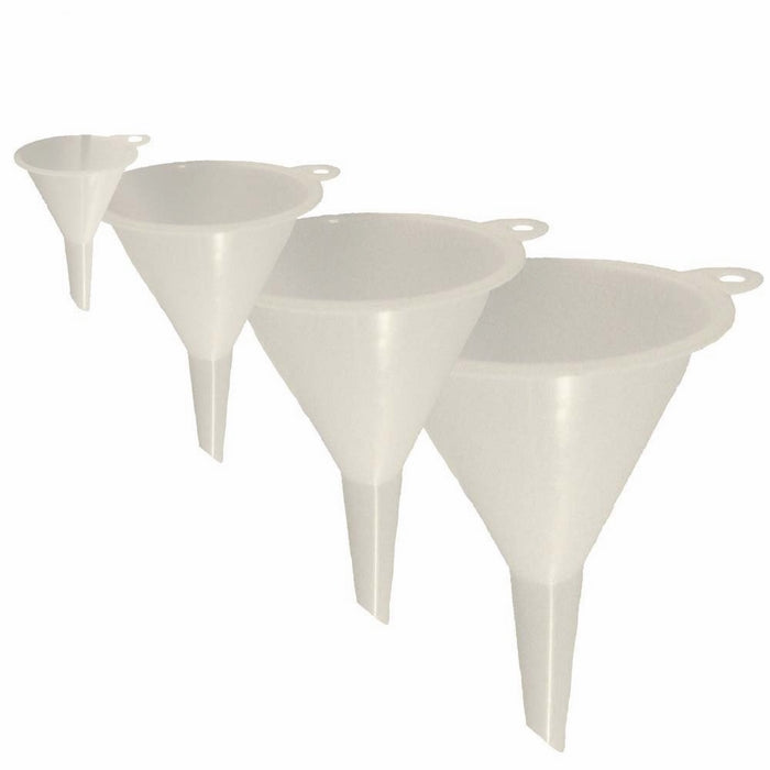 Set of 4 General Purpose Plastic Funnels. Assorted Sizes Nested Funnel Set