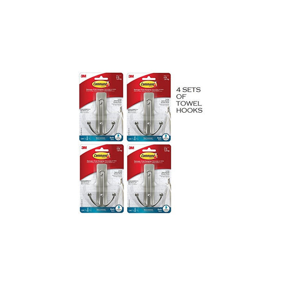 Command BATH36-SN-ES Large Double Bath Hook, Satin Nickel, 1-Hook, 1-Large Water-Resistant Strip (4-Per Set)