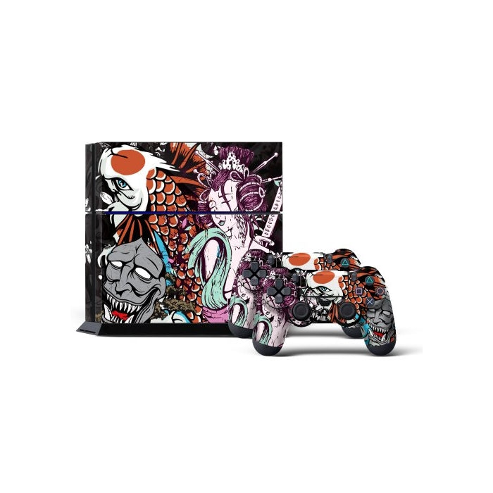 PS4 Console Designer Skin for Sony PlayStation 4 System plus Two(2) Decals for: PS4 Dualshock Controller Tsunami