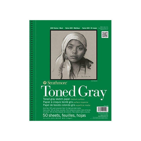 Strathmore 412-109 400 Series Toned Gray Sketch Pad, 9"x12" Wire Bound, 50 Sheets