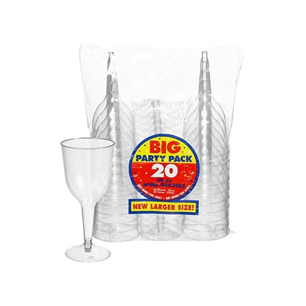 Amscan Big Party Pack Reusable Plastic Wine Glasses (20 Piece), 10 oz, Clear