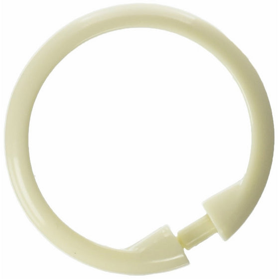 Beige shower curtain rings.