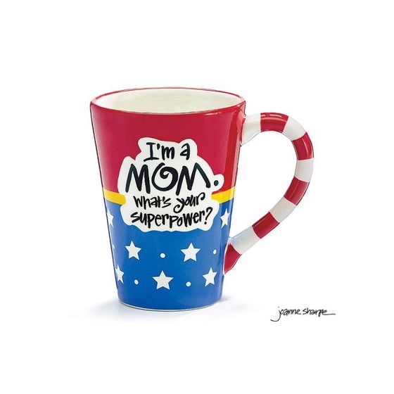 Burton and Burton I'm A Mom, What's Your Superpower Coffee Mug, 12oz, Red White Blue Stars