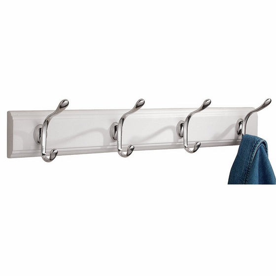 InterDesign Paris Wall Mount Storage Rack – Hanging Hooks for Jackets, Coats, Hats and Scarves - 4 Dual Hooks, White/Chrome