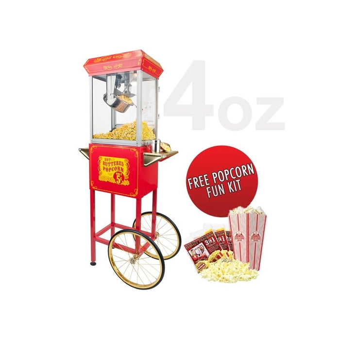 FunTime Sideshow Popper 4-Ounce Hot Oil Popcorn Machine with Cart, Red/Gold