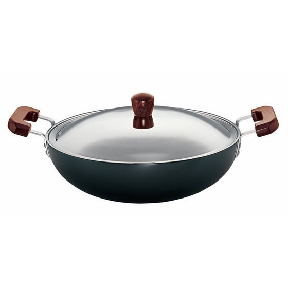 Futura Hard Anodised Deep-Fry Pan(Kadhai) 7-1/2-Litre with Steel Lid and Flat Bottom