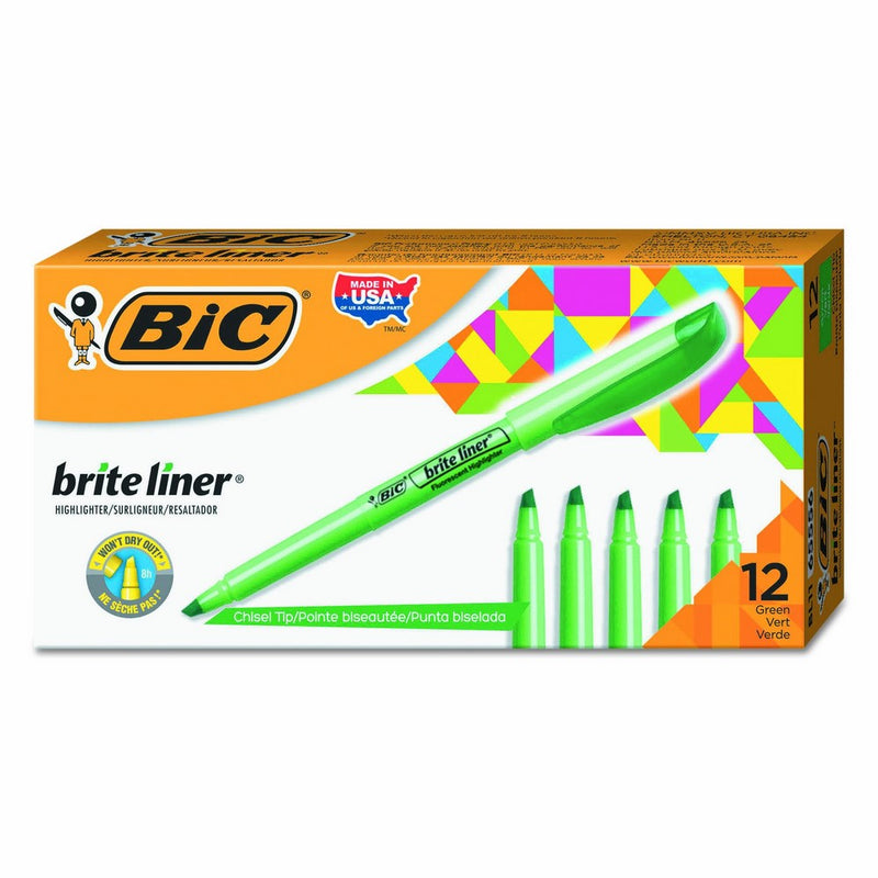 BIC Brite Liner Highlighter, Chisel Tip, Green, 12-Count