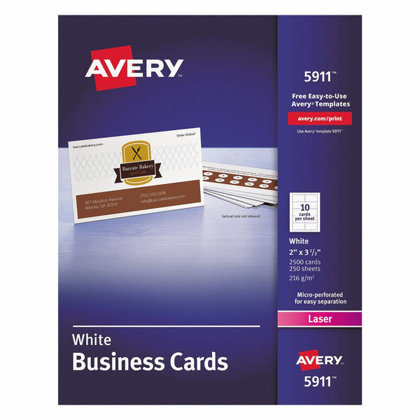 Avery 5911 Printable Microperf Business Cards, Laser, 2 x 3 1/2, White, Uncoated (Box of 2500)