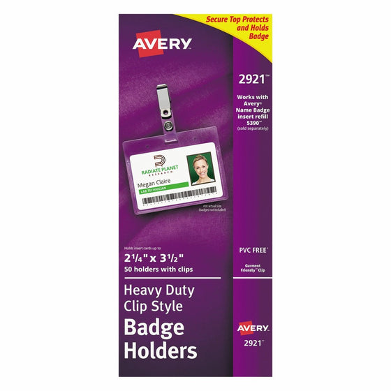 Avery AVE2921Clear Heavy-Duty Clip Style Landscape Badge Holders, 2-1/4" x 3-1/2", Box of 50 (2921)