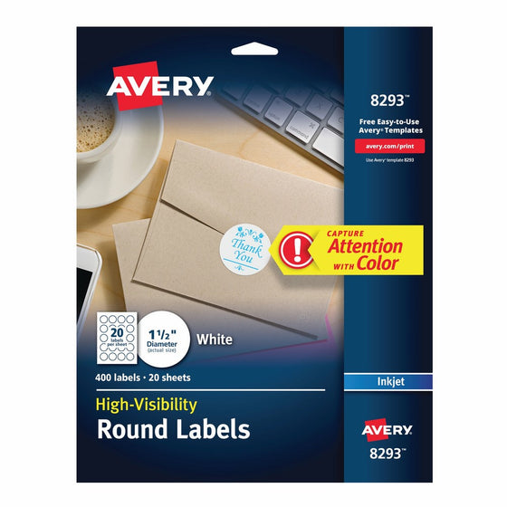 Avery High-Visibility 1.5" Round Labels, Personalize Your Pop Socket Phone Holder, 400 Pack (8293)