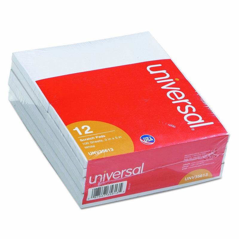 Universal Scratch Pads, Unruled, 3" x 5, White, 100 Sheets, 12/Pack (35613)