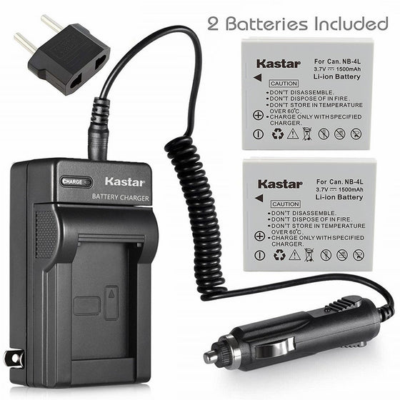 Kastar Charger with Car Charger 2 Battery for Canon NB-4L NB4L Battery and Canon PowerShot SD430 SD600 SD630 SD750 SD780 SD940 SD960 SD1000 SD1100 SD1400 TX1 ELPH 100 300 310 330 VIXIA Cameras