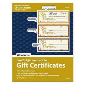 Adams Gift Certificates, Laser/Inkjet Compatible, 3-Up, 30 per Pack with Envelopes (GFTLZ)