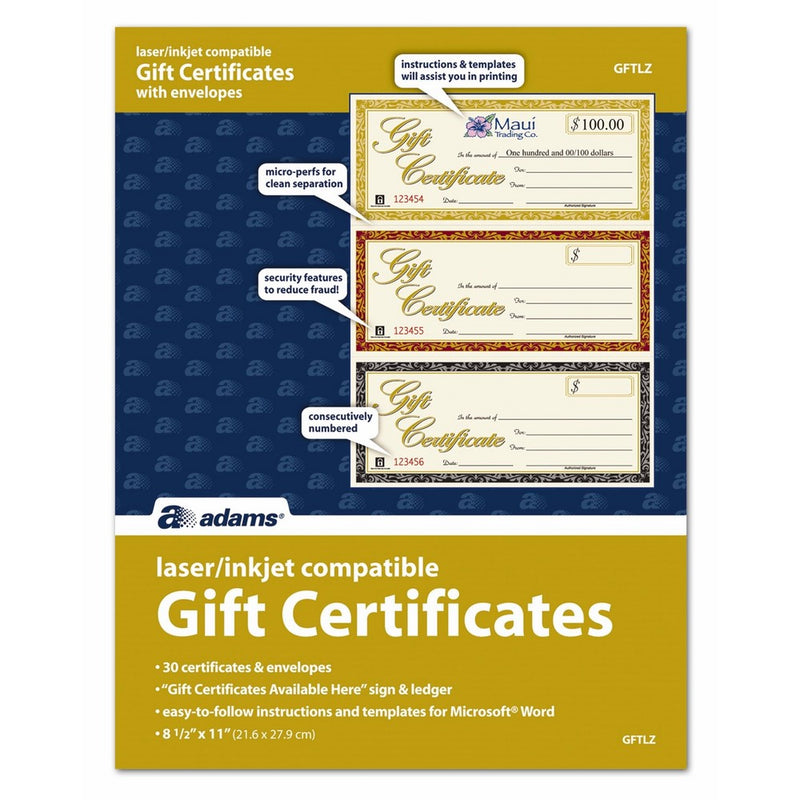 Adams Gift Certificates, Laser/Inkjet Compatible, 3-Up, 30 per Pack with Envelopes (GFTLZ)