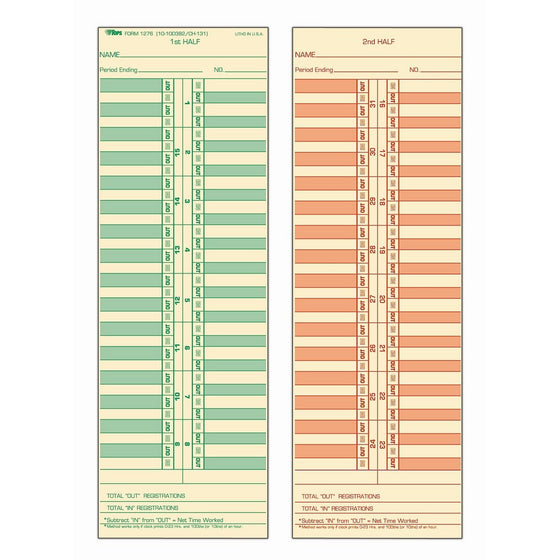 TOPS Time Cards, Semi-Monthly, 2-Sided, 3-1/2" x 10-1/2", Manila, Green/Red Print, 500-Count (1276)