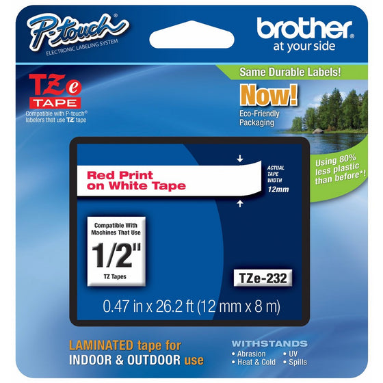 Brother P-touch 1/2" (0.47") Red on White Standard Laminated Tape - 26.2 ft. (8m)