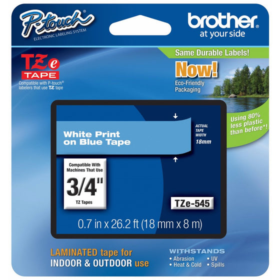 Brother P-touch Genuine TZe-5453/4" (0.7") White on Blue Standard Laminated Tape –26.2 ft(8m) (TZE545)