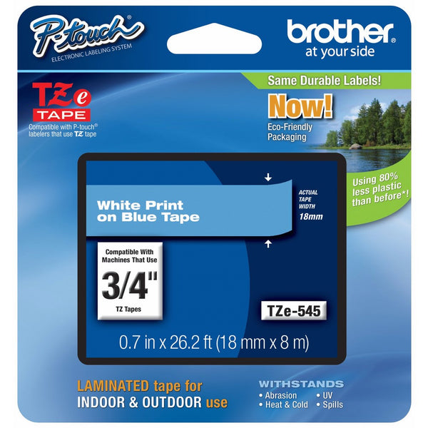 Brother P-touch Genuine TZe-5453/4" (0.7") White on Blue Standard Laminated Tape –26.2 ft(8m) (TZE545)