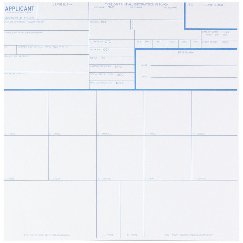 Federal Bureau of Investigation Fingerprint Cards, Applicant Fd-258, Pack of 10