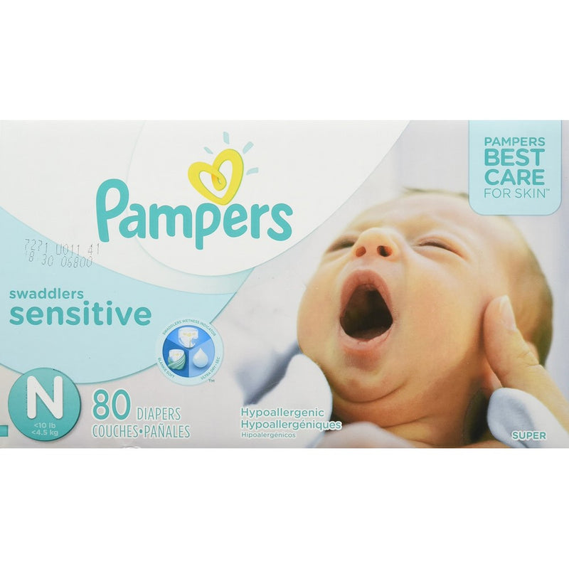 Pampers Swaddlers Sensitive Disposable Diapers Newborn Size 0 (> 10 lb), 80 Count, SUPER