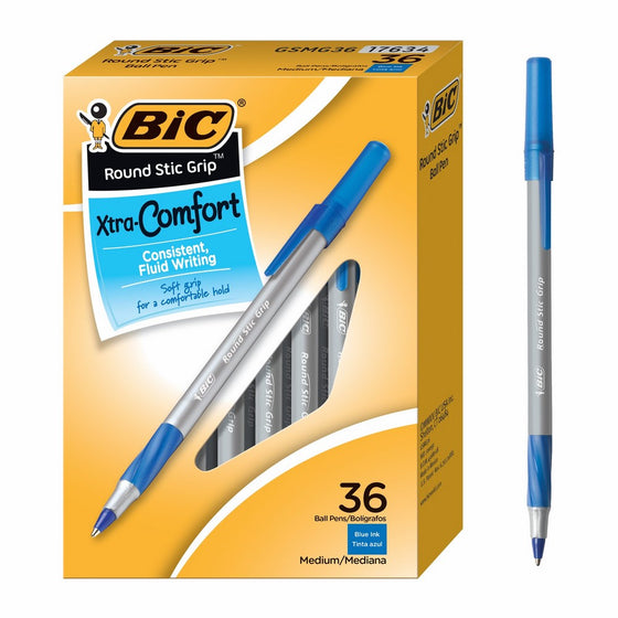 BIC Round Stic Grip Xtra Comfort Ballpoint Pen, Medium Point (1.2mm), Blue, 36-Count