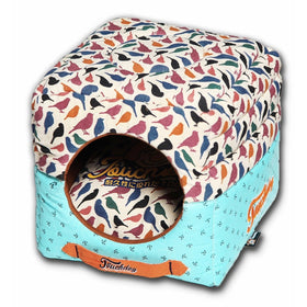 touchdog Chirpin-Avery' Convertible Squared 2-in-1 Collapsible Pet Dog Cat Bed House, One Size, Bird Pattern