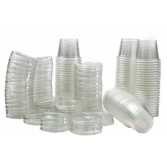 Disposable 1 oz Jello Shot Plastic Portion Cups with Lids, Clear Condiment Cups, Sampling Cup Pack of 100