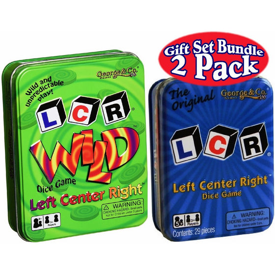 LCR (Left Right Center) Dice Game in Blue Tin & LCR Wild Dice Game in Green Tin Gift Set Bundle - 2 Pack