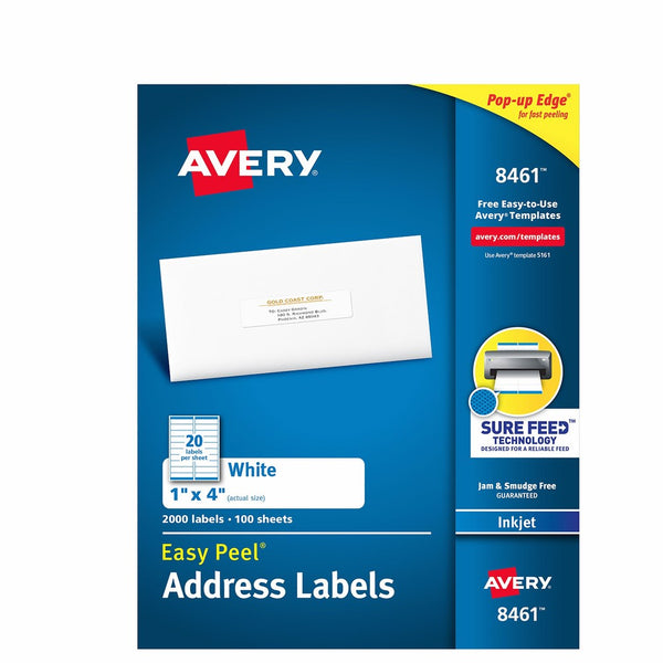 Avery Mailing Address Labels, Inkjet Printers, 2,000 Labels, 1 x 4, Permanent Adhesive (8461)