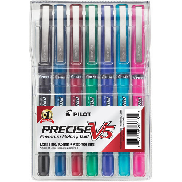 Pilot Precise V5 Roller Ball Stick Pen, 0.5mm Extra Fine, Assorted Inks, Pack of 7 (PIL26015)