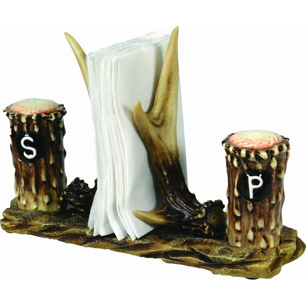 River's Edge 520 Hand Painted Poly Resin Antler Salt and Pepper Shaker with Napkin Holder