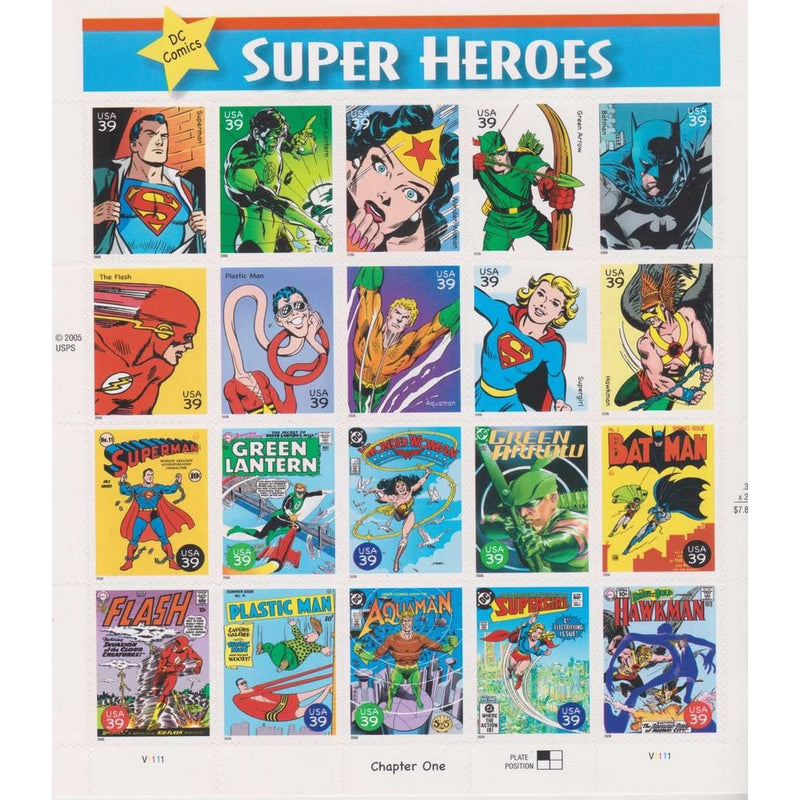 DC Comics Super Heroes, Full Sheet of 20 x 39-Cent Postage Stamps, USA 2006, Scott 4084