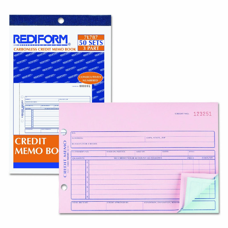 REDIFORM Credit Memo, Carbonless Triplicate, 5.5 x 7.87" 50 Sets per Book (7L787)