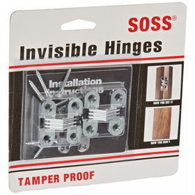 SOSS Door Hardware Mortise Mount Invisible Hinges with 4 Holes, Zinc, Satin Chrome Finish, 1-1/2" Leaf Height, 1/2" Leaf Width, 19/32" Leaf Thickness, #6 x 1" Screw Size (1 Pair)