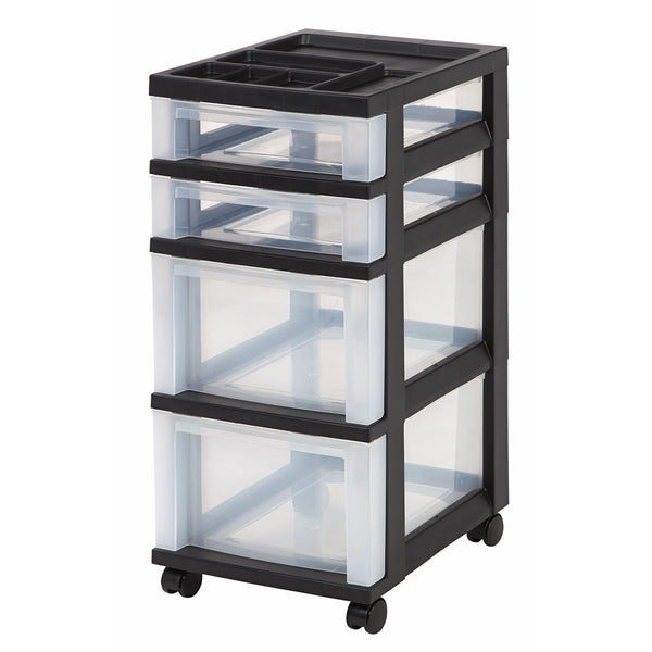 IRIS 4-Drawer Rolling Storage Cart with Organizer Top, Black