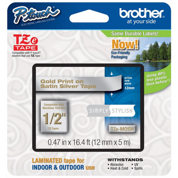 Brother Laminated Tape, 12mm (0.47 Inch), Gold on Silver (TZeMQ934)