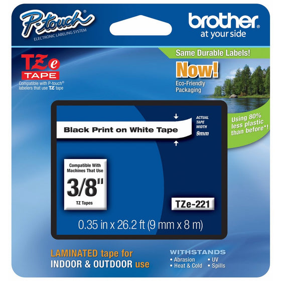 Brother P-touch 3/8" (0.35") Black on White Standard Laminated Tape - 26.2 ft. (8m)