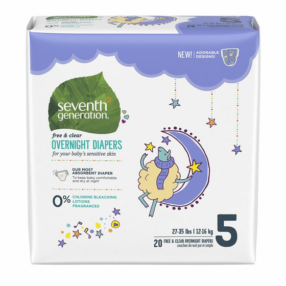 Seventh Generation Baby Overnight Diapers, Free & Clear, Stage 5, 27-35lbs, 80 count (Packaging May Vary