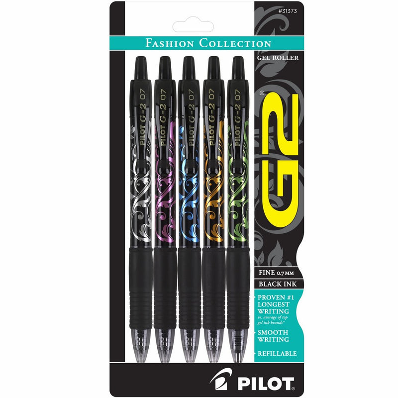 Pilot G2 Fashion Collection Gel Roller Pens, Fine Point, Black Ink, Silver, Pink, Blue, Orange, Green Design Barrels, 5-Pack (31373)
