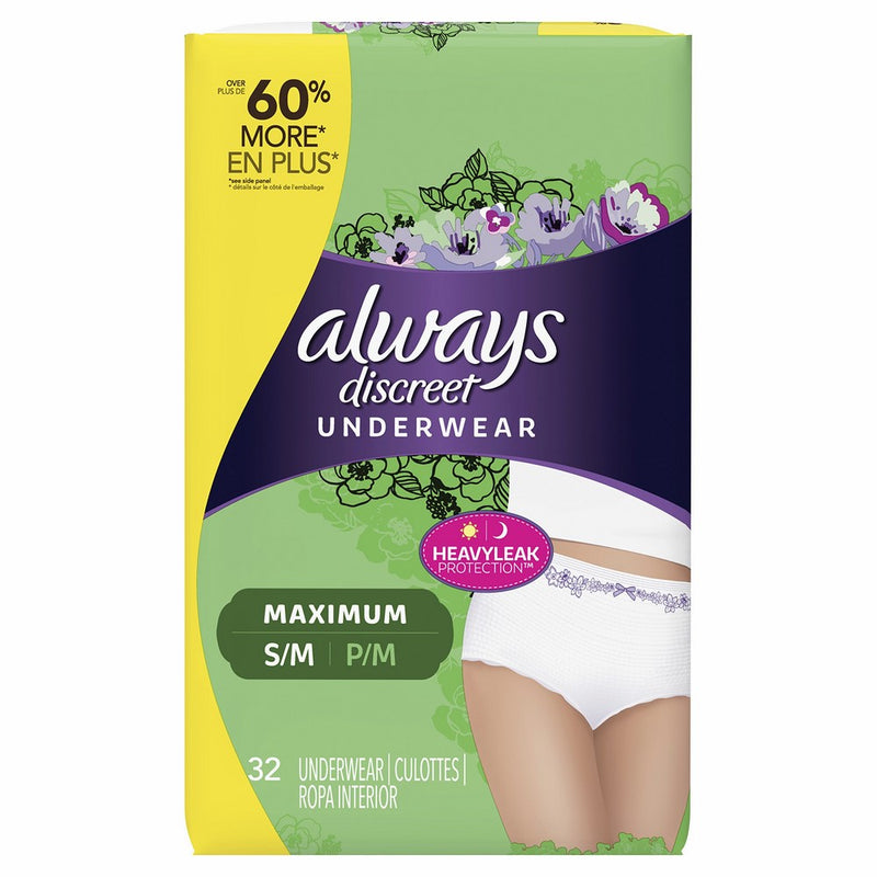 Always Discreet, Incontinence Underwear for Women, Maximum Classic Cut, Small/Medium, 32 count