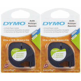 Dymo 10697 Self-Adhesive White Paper Labeling Tape for LetraTag, 2 Blister Packs (4 Refills), Black on White, 1/2-Inch Wide x 13 Feet Long