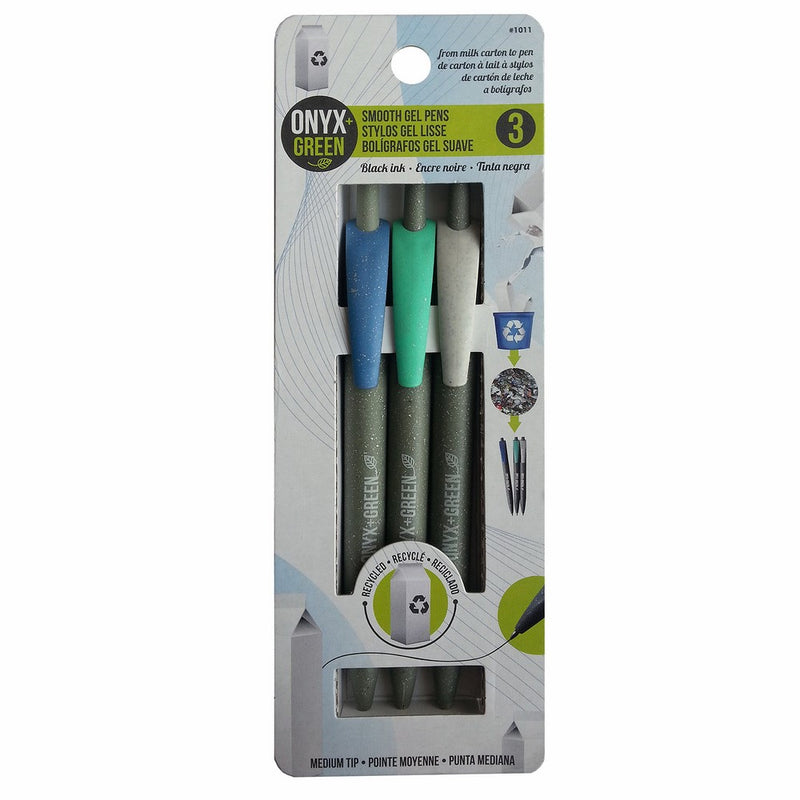 Onyx and Green 3-Pack Retractable Gel Pens, Recycled Milk Carton, Med, Black (1011)